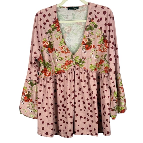 Suzanne Betro Tops - Suzanne Betro Dusty Rose Mixed Floral Babydoll Bell Sleeves XL Tunic Top